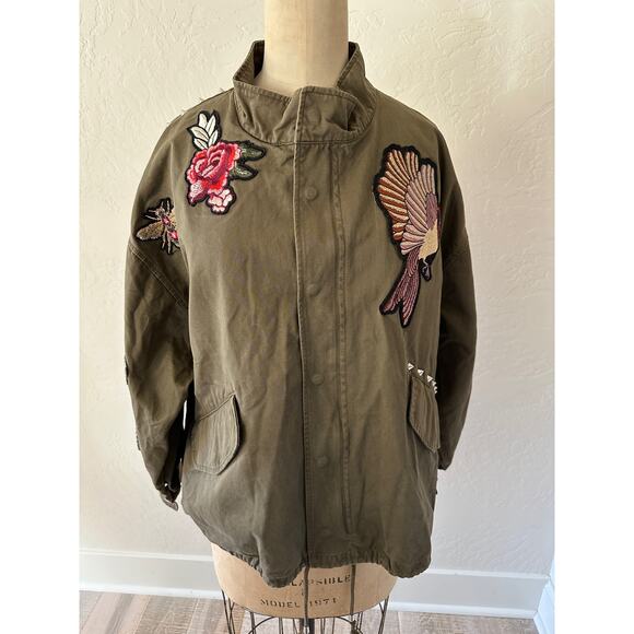 H&M | Womens Army Green Cotton Twill Bird Flower Bee Patch Bomber Jacket Small - Picture 1 of 15